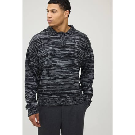 Ontspannen Boxy Gemêleerde Gebreide Polo | Black | Size Small