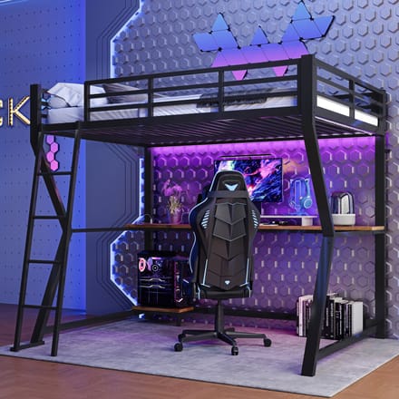 Hoogslaper 90x200 cm Zonder Matras – Met Bureau, LED-verlichting en Oplaadstation – Opbergruimte, Ladder en Computerplank – Zwart