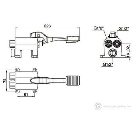 GGM Gastro Voetpedaal 4000 - met mengkraan (warm/koud), tafelmodel, G1/2, eengreeps, verchroomd RVS - 226x74x84mm zilver