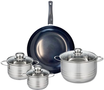 Set van 1 Koekenpan 32 cm en 3 kookpotten 14, 16 en 24 cm Elo Prima Glanzend