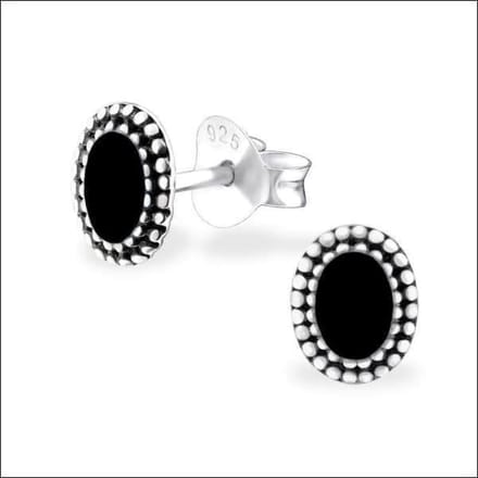 Boho Oorbellen zilver-Geoxideerde Bali oorstekers -6x5mm-Zwart emaille
