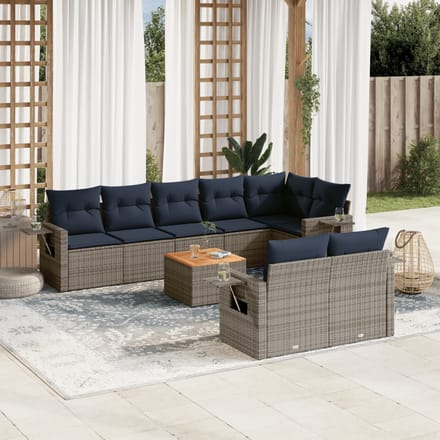 vidaXL - 9-delige - tuinbankset - met - kussens, - grijs - polyrotan