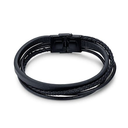 Twice As Nice Armband in edelstaal, 4 rijen zwart leder 21cm