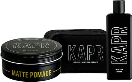KAPR Matte Pomade 135ml + Shampoo 250ml – Gift Set met Gratis Toilettas