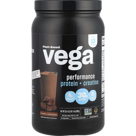 Vega, plantaardig, prestatieverhogend eiwit + creatine, romige chocolade, 1 lb 7.4 oz (663 g)