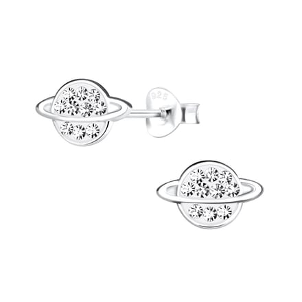 Joy|S - Zilveren planeet oorbellen - saturnus - 10 x6 mm - kristal