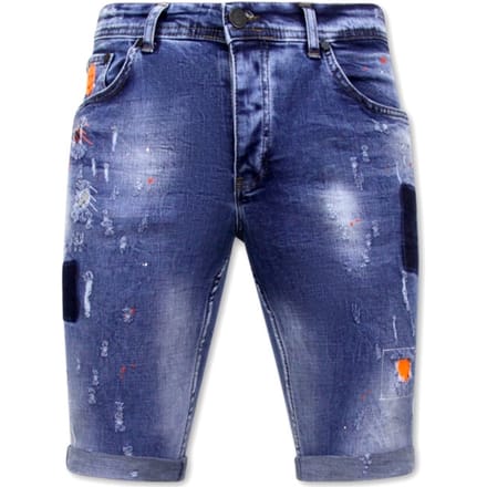 Korte Skinny Broek met Verfspatten Heren -1008-SH- Blauw