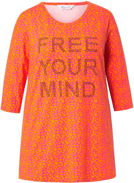 MIAMODA - Dames - Longshirt luipaardpatroon glitterstatement 3/4-mouw - Oranje - Maat 44