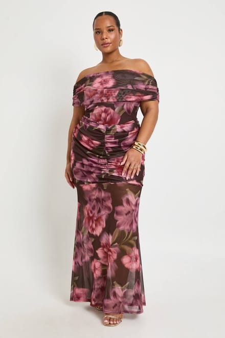 boohoo Dames Plus Bardot Gerimpeld Lijfje Midaxi Jurk | Maat: 52