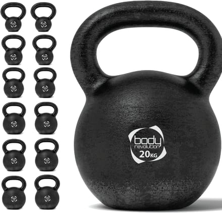 Van gietijzer kettlebell - zwart - 20 kg - platte anti-rol basis