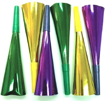 6 feesthoorns in geel, groen, violet, metallic, 22 cm