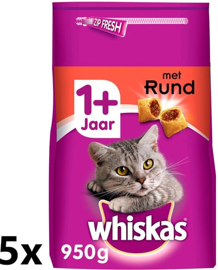 5x Whiskas - 1+ Adult Rund - Kattenvoer Droogvoer - 800 g