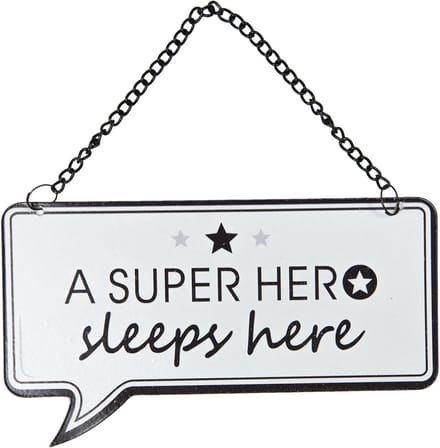Clayre & Eef Tekstbord 14x9 cm Wit Zwart Metaal Rechthoek Superhero Wandbord