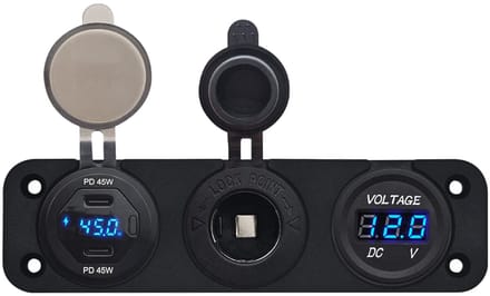 ProRide 12V USB C Autolader 2 Poorten - 45W/QC3.0 - Voltmeter en 12V/24V Sigarettenplug - Drievoudig inbouw