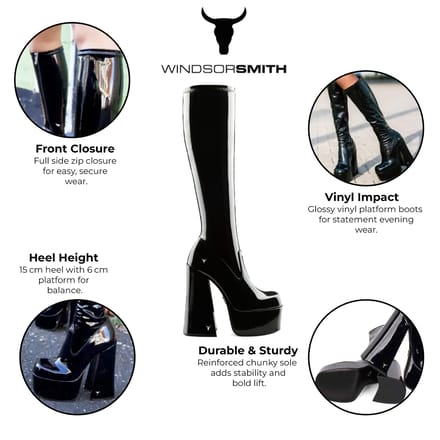 Windsorsmith Dames Zwarte Kniehoge Sokken Platform Goth Hak Laarzen - Saucy