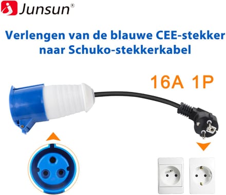 EV-laderstekker naar blauwe CEE-stopcontactconnector 3-pins type 2 Schuko-adapter aansluiten op 32A 1-fase 7 kW draagbare lader