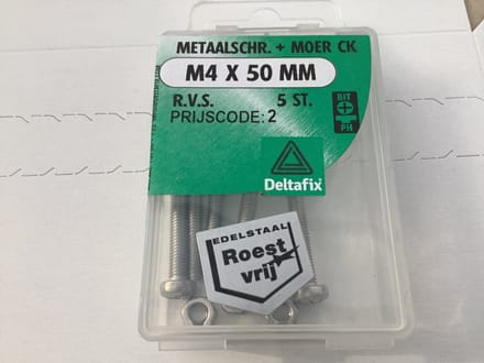 Bout met moer. Bol cilinderkop. Rvs-A2. M4 mm dik. X 50 mm. Lang. 5 stuks Metaalschroef met moer. Deltafix.