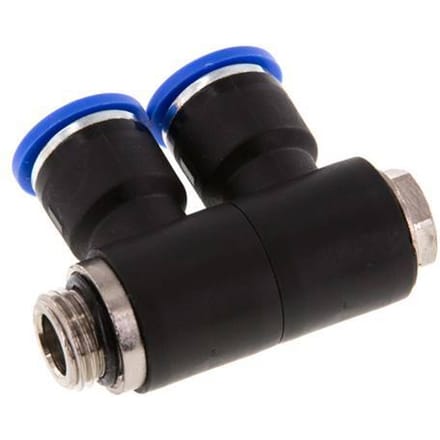 10mm x G1/4'' 2-way Manifold Messing/PA 66 Insteekfitting Buitendraad Draaibaar NBR