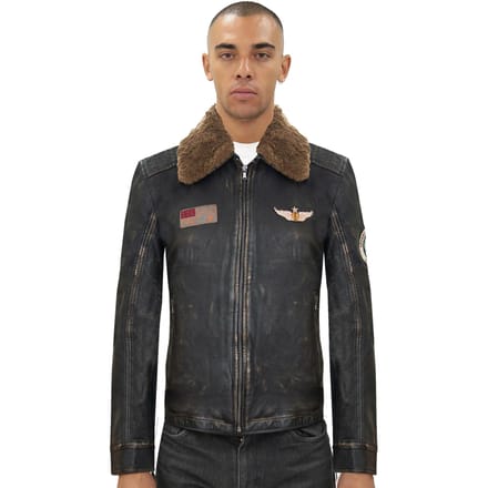 Heren badged vintage zwart lederen bomberjack-tunis