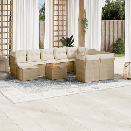 vidaXL - 11-delige - Tuinset - met - kussens - poly - rattan - beige