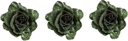 Groene roos met glitters - 3x - op clip - 10 cm - kerstboomversiering