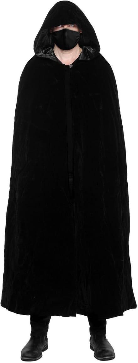 Zwarte stoffen masker met zwarte mantel, Halloween-set