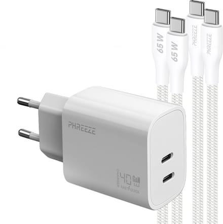 Phreeze usb C adapter 40 W - Twee usb C poorten - Power Delivery snellader met 2 usb C naar usb C kabels 1 meter