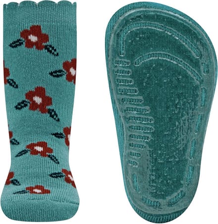 Ewers Antislipsok - Grijsgroen - Bloemen Wit/Bruin/Donkerblauw - Bewerkte Rand - Siliconenzool-31/34