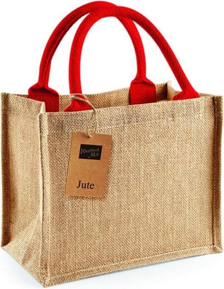 Westford Mill Jute Mini Gift Bag WM412 - NATURAL/BRIGHT RED - 26 x 22 x 14 cm