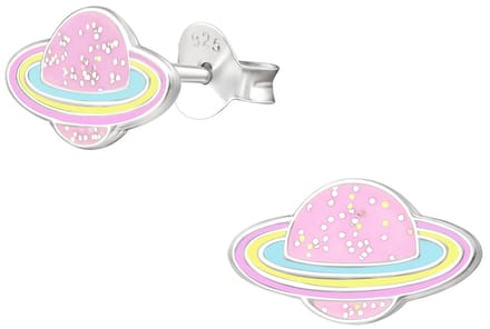 Joy|S - Zilveren planeet oorbellen - 6 x 7 mm - Saturnus - roze / pastel met glitters