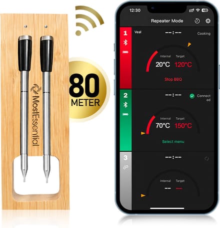 MostEssential Smart Vleesthermometer - Draadloos - 80M Bereik - 36 Uur Werktijd - Bluetooth 5.2 - 2000mAh Batterij - Double Probe Edition