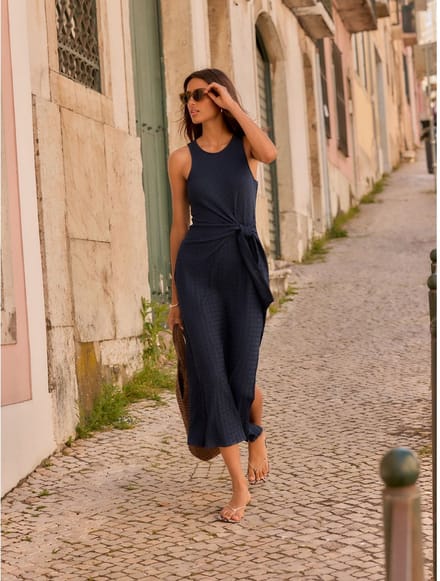 Next - Dames - Textured Jersey Tie Waist Maxi Dress - Blauw