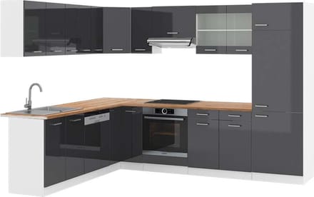 Vicco Hoekkeuken R-Line, Antraciet Hoogglans/Wit, 287 x 227 cm, WB Eik
