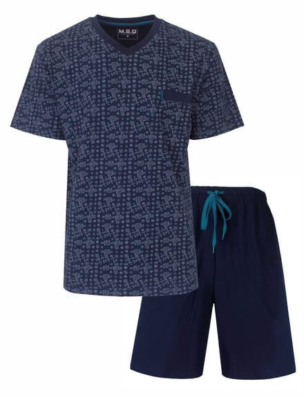 MEQ Heren Shortama - Pyjama Set - Geometrisch Patroon - Blauw - Maat XL