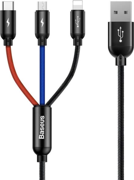 Baseus Three Primary Colors - 3-in-1 USB Kabel - 120cm - 3.5A - Nylon Gevlochten - Aluminium Pluggen