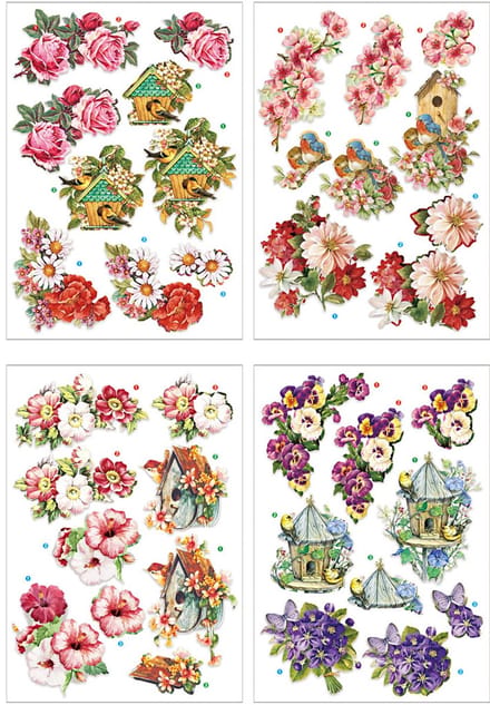 3D vellen, bloemen en vogels, vel 21x30 cm, 4 vel/ 1 doos