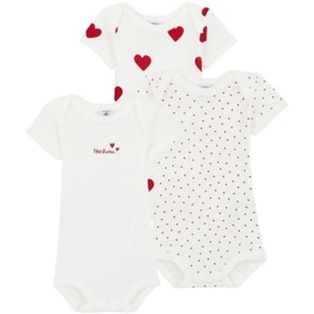 Petit Bateau Set van 3 katoenen body's met korte mouwen en hartjes Meisjes Rompertje - Wit/Rood + Wit/Rood + Wit