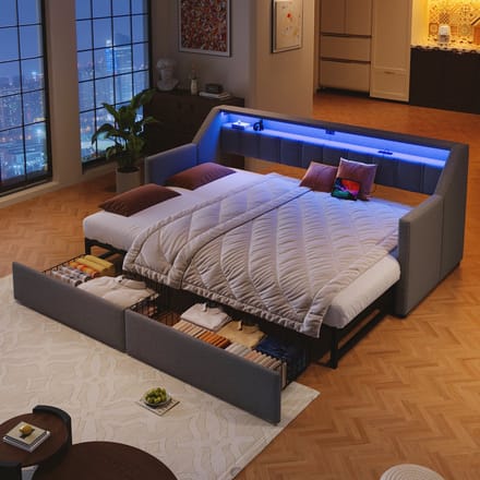 Slaapbank - 90x200 cm - met USB, Type-C, LED en 2 Laden - Grijs