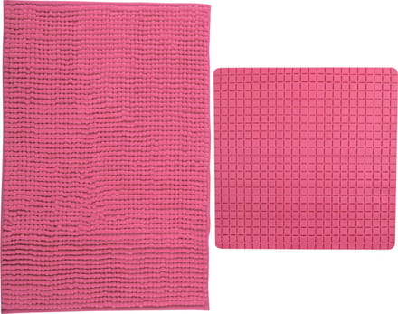 MSV Douche anti-slip mat en droogloop mat - Sevilla badkamer set - rubber/microvezel - fuchsia roze