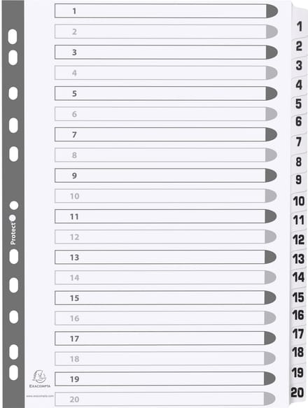 Exacompta 15x Bedrukte tabbladen karton 160g - geplastificeerde tabs - 20 tabs - 1 tot 20 - A4 - Wit - MWD1-20Z