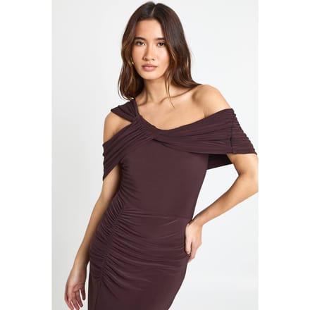 boohoo Dames Twist Bardot geraffelde maxi-jurk | Chocolate | Maat: 8