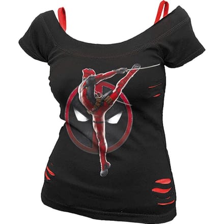 Deadpool T-shirt - Deadpool - Pose - 2 in1 Red Ripped Top - L - voor Vrouwen - zwart