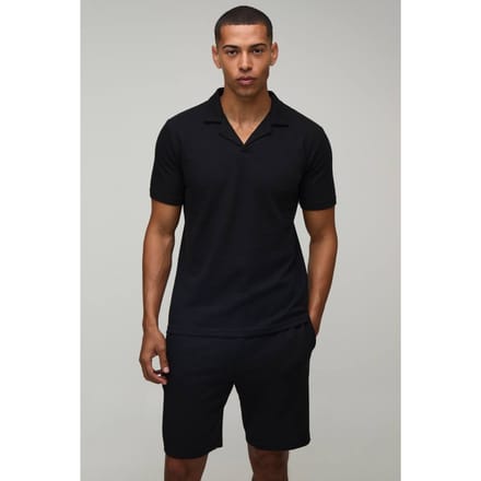 Slim Fit Waffle Revere Polo & Shorts Set | Black | Size Medium