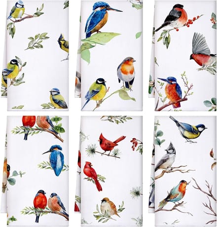 Set van 6 vogeltheedoeken, microfiber, 60 x 40 cm, natuurmotieven, absorberend