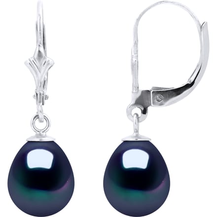 Oorbellen Dangle Kralen Freshwater 89mm Black Pears Wit Goud 18 Karaat