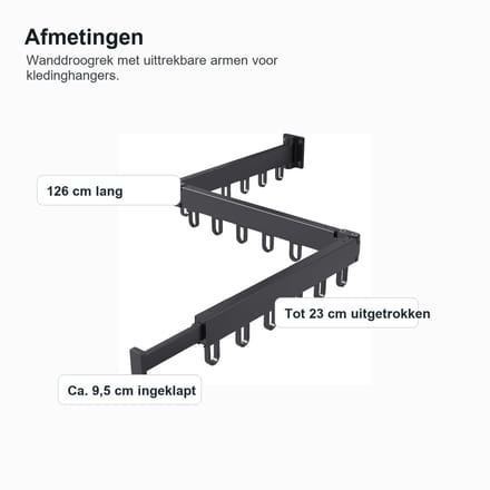 Wanddroogrek - zwart - inklapbaar - 18 haken - 126 cm