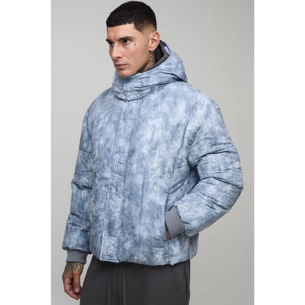 Tall Oversized Fit Gewassen Nylon Kap met Trechternek en Duvet Pufferjas | Grey | Size Medium