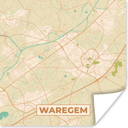 Poster Plattegrond - Vintage - Kaart - Stadskaart - Waregem - 75x75 cm