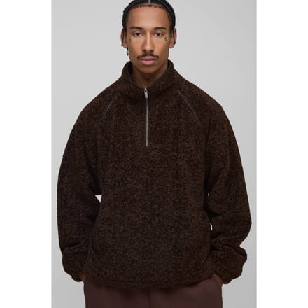 Regular Fit PU Seam Curly Borg Zip Through Jacket | Chocolate | Size Medium