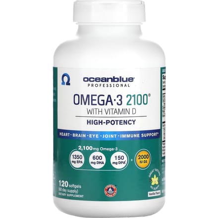 OceanBlue, Professionnel, Omega 3 2100, Contient de la vitamine D, Haute efficacité, Vanille, Gélule 120 comprimés